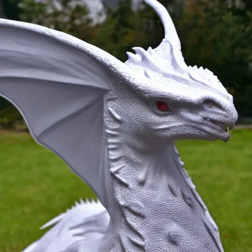 Image similar to white dragon with a blue neck mane, 2 grey horns from a 3/4ths angle