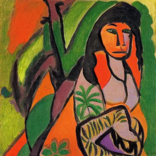 Image similar to painting of a tiger, and young native american woman, in a jungle, by alexej von jawlensky