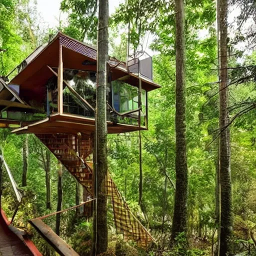 Prompt: a modern tree house village, ladders, hanging bridges, hanging gardens, in the forest, beautiful scenery