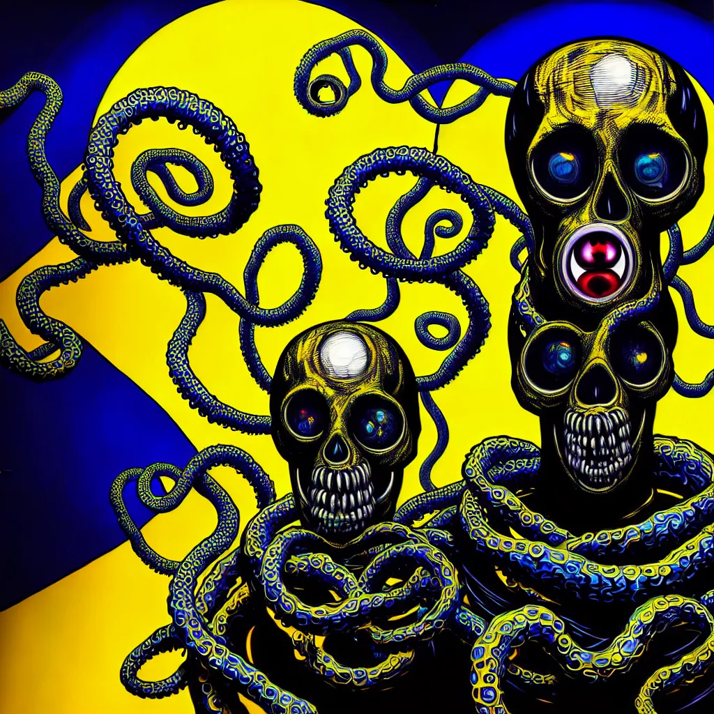 Prompt: a self portrait by the artist kelbv, in distinct hyper detailed style with tubes coming from eyes, and hollowed skull filled with blue and yellow accountancy ellipsoids, perfect studio lighting against a backdrop of a still from the movie fire tentacle.