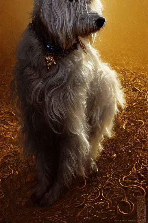 Image similar to a beautiful shaggy dog, gold jewellery, dnd, fantasy, intricate, elegant, highly detailed, digital painting, artstation, concept art, smooth, sharp focus, illustration, art by artgerm and greg rutkowski and alphonse mucha