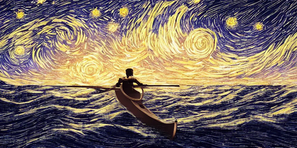 Prompt: boy rowing a boat in the sea of the starry night with mysterious light, digital art style, illustration painting, 4 k,