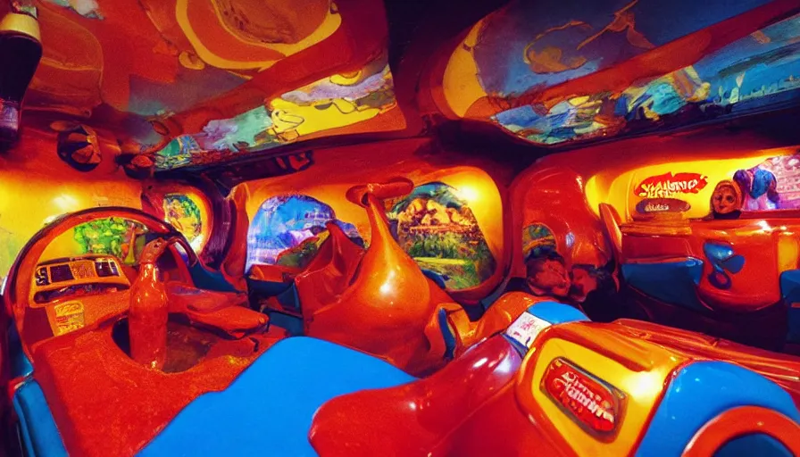 Image similar to 1990s photo of inside the Garfield's Lava Lamp ride at Universal Studios in Orlando, Florida, riding a Lava lamp through a world of Lasagna, cinematic, UHD