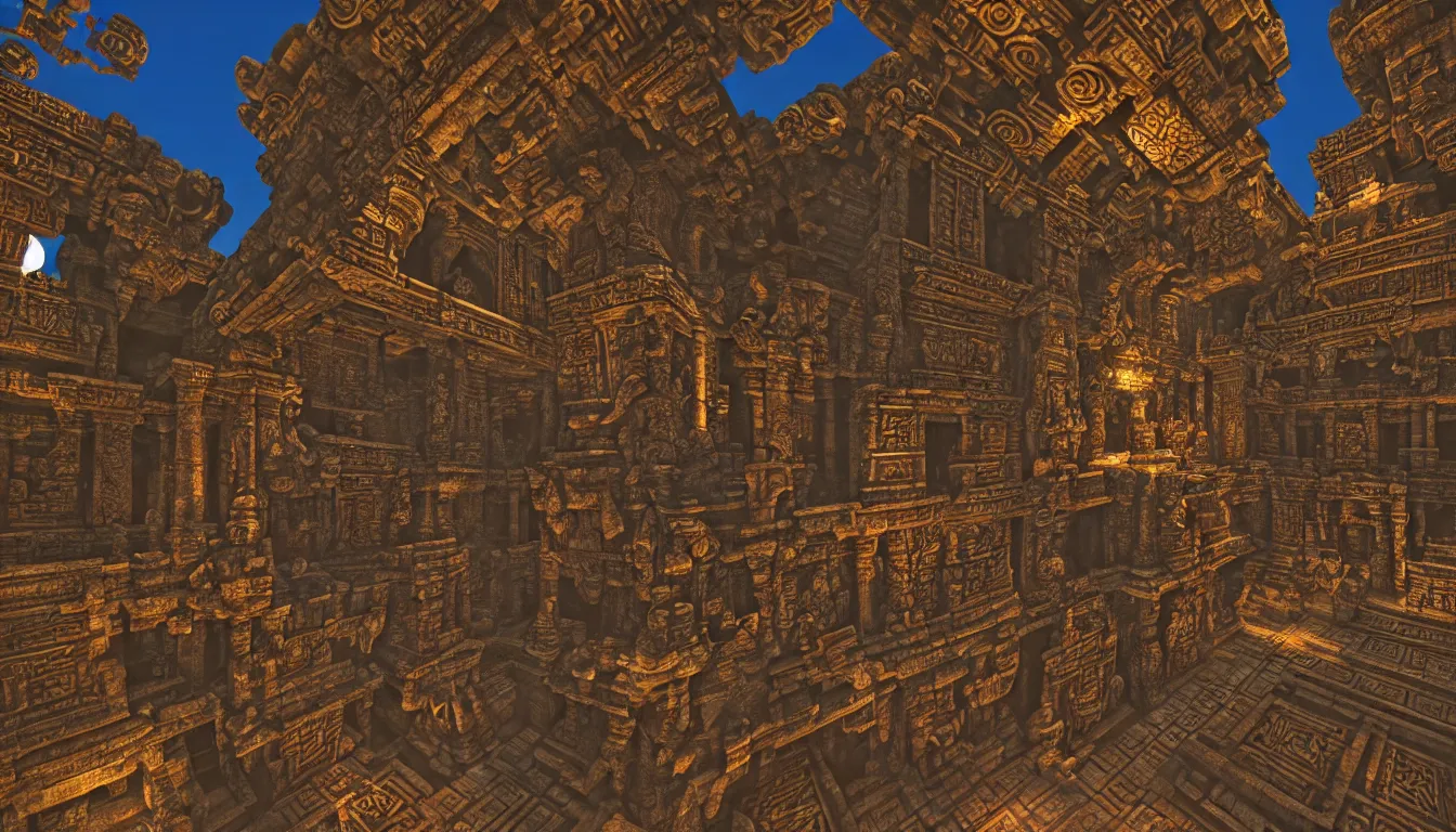 Prompt: majestic expansive ancient mayan temple halls , side-scrolling 2d platformer game level, glittering dust in the air illuminated by the dusk sun through the ceiling cracks, fantasy totem ruins with intricate mayan glyphs, volumetric light , detailed carved ornaments, rich color, upscale , 8k