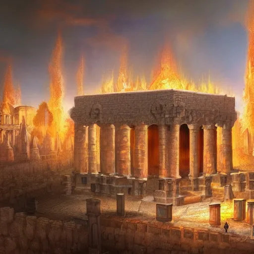 Image similar to a beautiful detailed and realistic matte painting of the ancient Temple of Jerusalem aflame