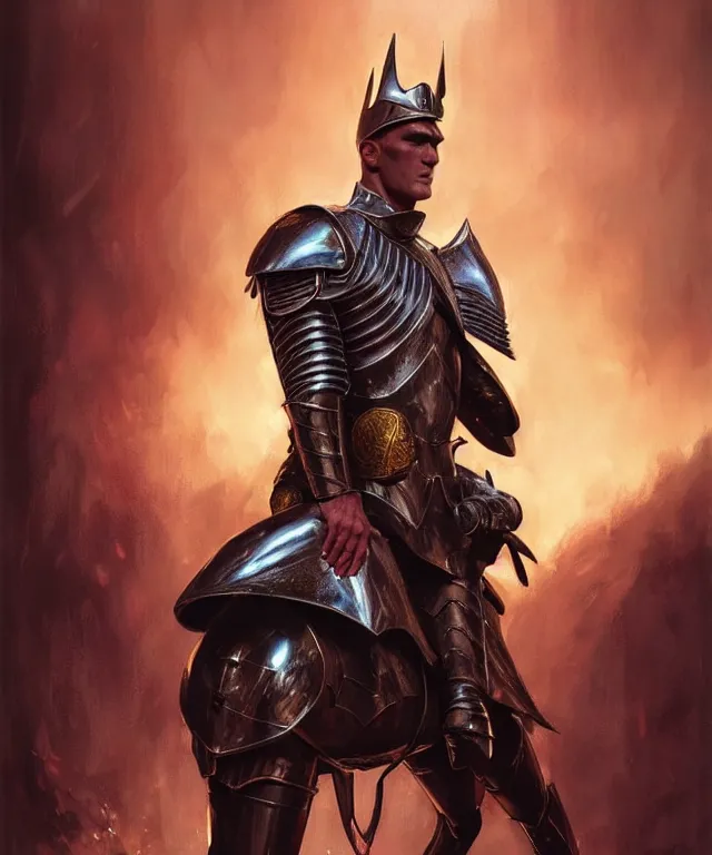 Image similar to a ( fantasy comic ) ( cover art ) portrait of ( young dolph lundgren ) as a ( royal knight ) kneeling before the viewer, oil painting by greg rutkowski and serhiy krykun and artgerm, photorealistic, d & d, highly detailed!, hd, 4 k, trending on artstation