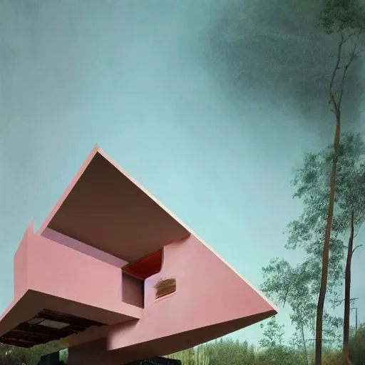 Prompt: modernist house inspired by a taco bell between big trees, light pink clouds, dramatic lighting, artstation, matte painting, raphael lacoste, simon stalenhag, frank lloyd wright, zaha hadid