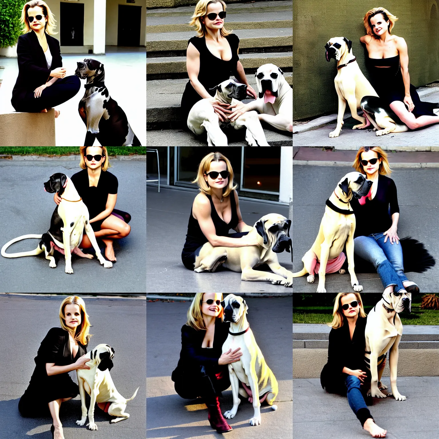 Prompt: mena suvari sitting on a great dane on pavement