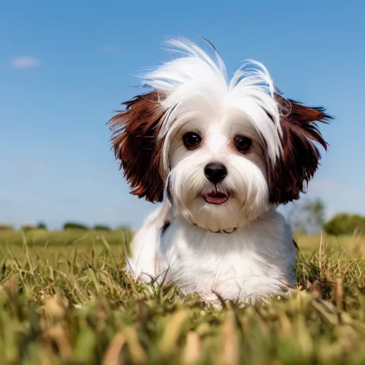 Prompt: a single parti colored white and brown havanese dog sitting happily on a grassy field, detailed, 4 k