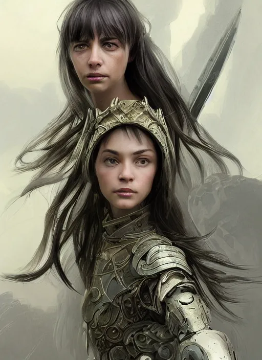 Image similar to a professional portrait of a beautiful young female, clothed in ethereal battle armor, olive skin, long dark hair, beautiful bone structure, symmetrical facial features, intricate, elegant, digital painting, concept art, smooth, sharp focus, finely detailed, illustration, from Valerian and the City of a Thousand Planets, in the style of Ruan Jia and Mandy Jurgens and Artgerm and Greg Rutkowski and William-Adolphe Bouguerea