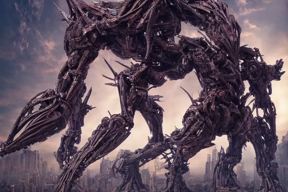 Image similar to Biomechanical Dark Guyver Battles Mecha Kaiju From Monster Island In Neo Tokyo Circa 6000, hyperrealistic, octane render, HDR, Yaushi Nirasawa Moebius HR Giger Style