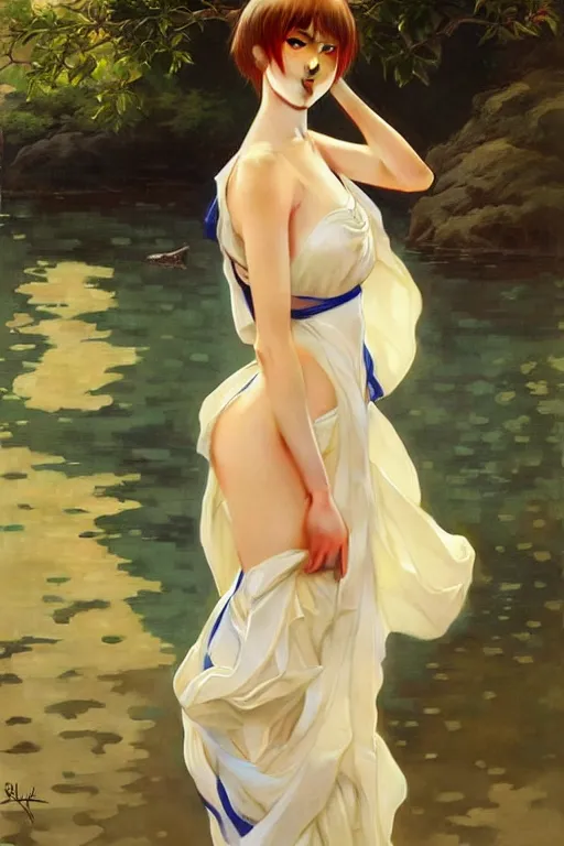 Prompt: a beautiful ayanami rei wearing a dress emerging from the water, oil on canvas, sensuality, artstation, by j. c. leyendecker and edmund blair leighton and charlie bowater, instagram photo