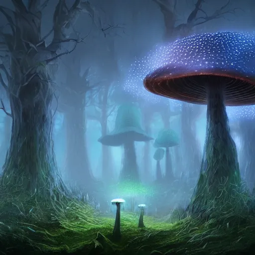 Prompt: eerie glowing mushroom forest, fantasy landscape, 8k, ultra detailed, concept art, trending on artstation