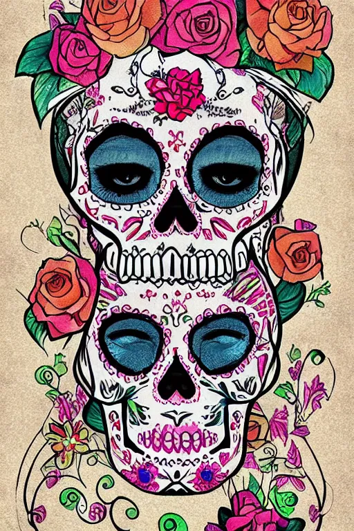 Image similar to illustration of a sugar skull day of the dead girl, art by nick sullo