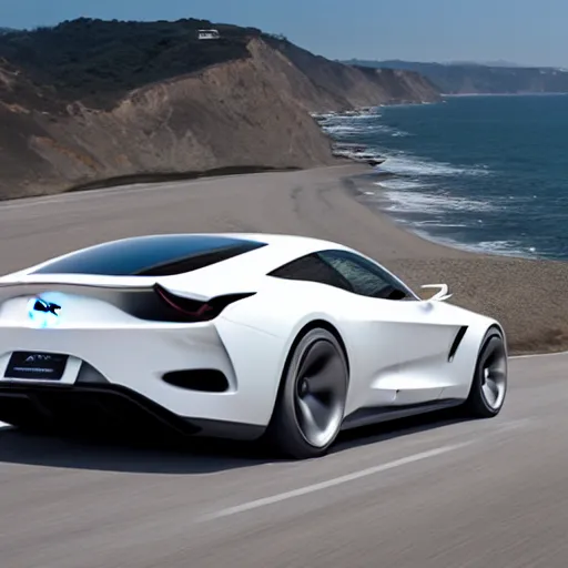 Image similar to a dslr photograph of a white ferrari concept racing along the pacific coast highway, ocean in the background, 8 k,