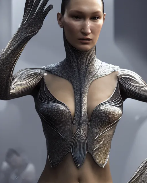 Prompt: a highly detailed metahuman 8 k close up render of bella hadid as alex grey art renaissance in iris van herpen dress trending on artstation made in unreal engine 4