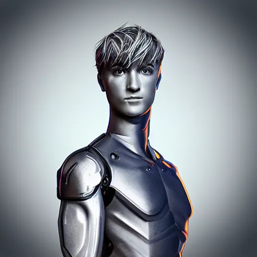 Image similar to “a realistic detailed photo of a guy who is an attractive humanoid who is half robot and half humanoid, who is a male android, twitch streamer Ninja Tyler Blevins, shiny skin, posing like a statue, blank stare”