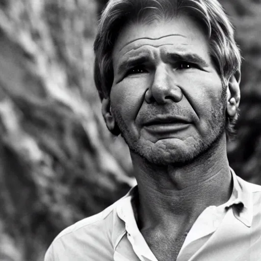 Image similar to harrison ford from indiana jone, but with giant ears five times larger than normal size. black and white photo rolling stone magazine 8 k