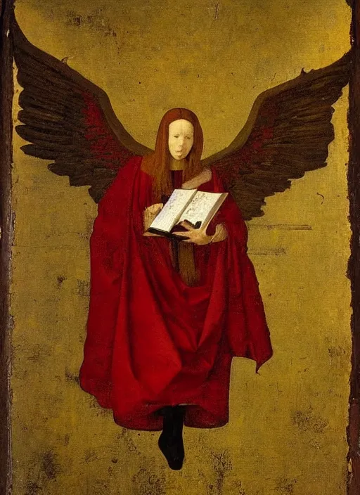 Image similar to Flying Fallen Angel with wings dressed in red, Medieval painting by Jan van Eyck, Johannes Vermeer, Florence