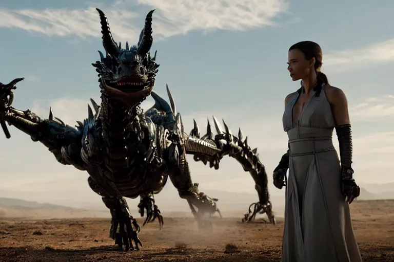 Image similar to cinematic still of westworld, a intact si - fi robotic fantasy dragon, well armored mech dragon, highly detailed