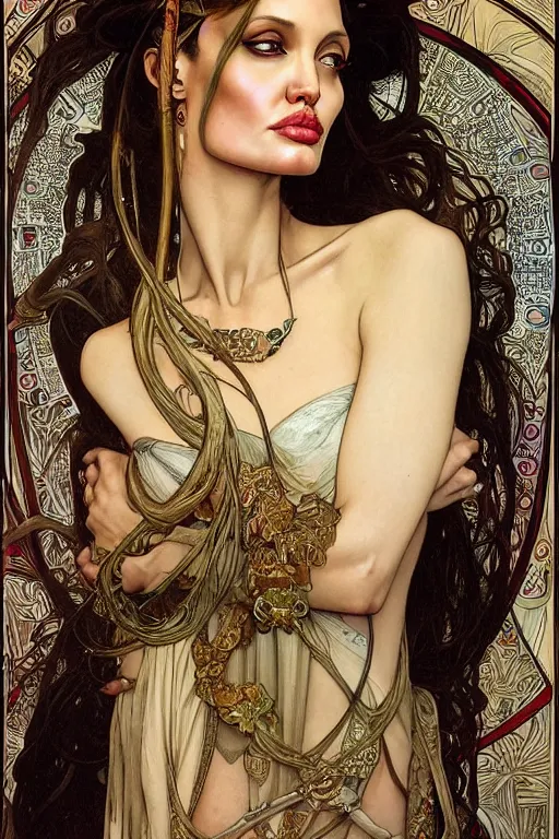Prompt: realistic detailed face portrait of Angelina Jolie as Salome by Alphonse Mucha, Ayami Kojima, Amano, Charlie Bowater, Karol Bak, Greg Hildebrandt, Jean Delville, and Mark Brooks, Art Nouveau, Neo-Gothic, Surreality, gothic, rich deep moody colors