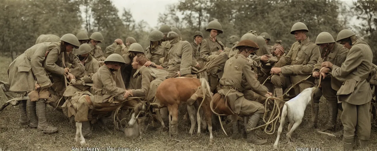 Image similar to soldiers feeding horses spaghetti meal, world war 1, canon 5 0 mm, kodachrome, in the style of wes anderson, retro