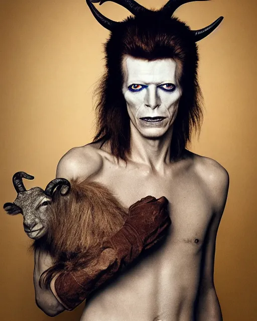 Image similar to David Bowie in Elaborate Pan Satyr Goat Man Makeup and prosthetics designed by Rick Baker, Hyperreal, Head Shots Photographed in the Style of Annie Leibovitz, Studio Lighting