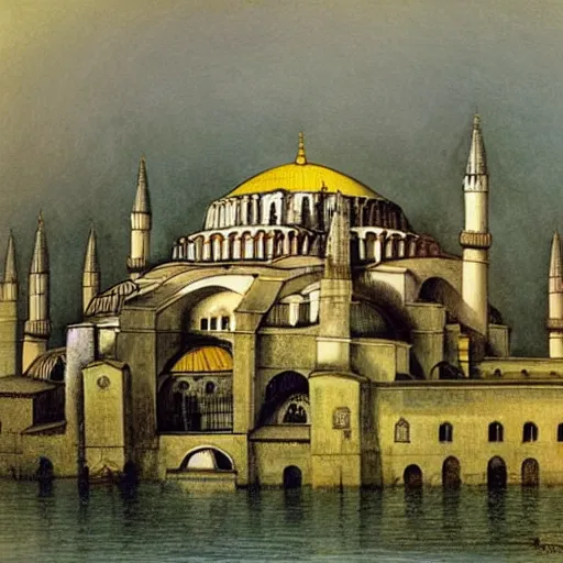 Image similar to Hagia Sofia pyramid fortress in a rustic seaside village, Tim Burton, Alan Lee