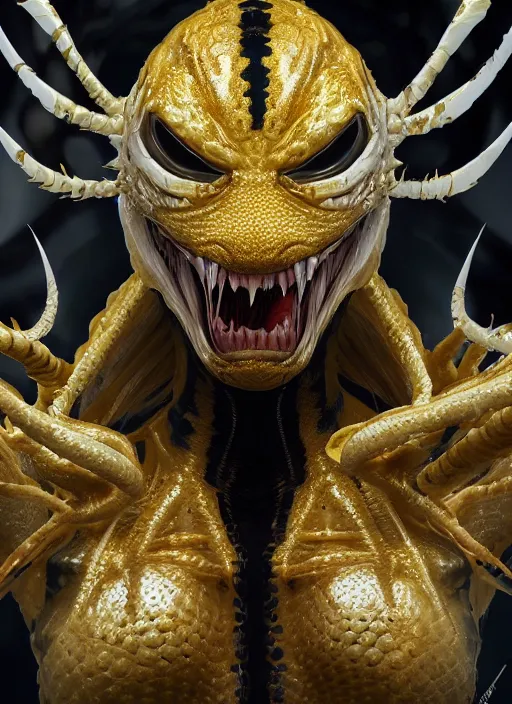Image similar to female white and gold venom, naturel, hyper detailed, digital art, trending in artstation, cinematic lighting, studio quality, smooth render, unreal engine 5 rendered, octane rendered, art style by klimt and nixeu and ian sprigger and wlop and krenz cushart