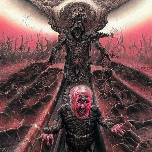 Image similar to a death metal album cover art depicting benjamin netanyahu as a hellish overlord, by wayne barlowe