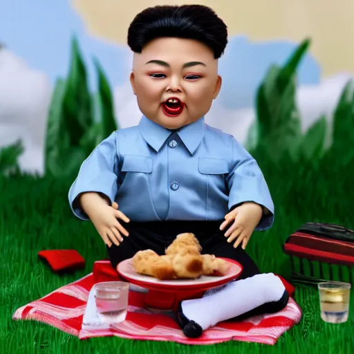 Image similar to kim jong un doll screaming and having a lovely picnic with bts boy band dolls octane render