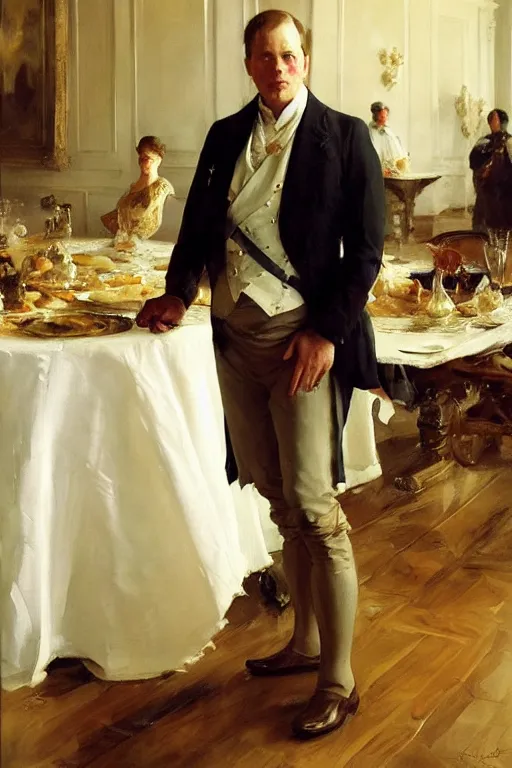 Image similar to portrait of a respectable dignified royal business elite politician standing on top of a finely set table calmly stepping in the food art by anders zorn, wonderful masterpiece by greg rutkowski, beautiful cinematic light, american romanticism by greg manchess, jessica rossier