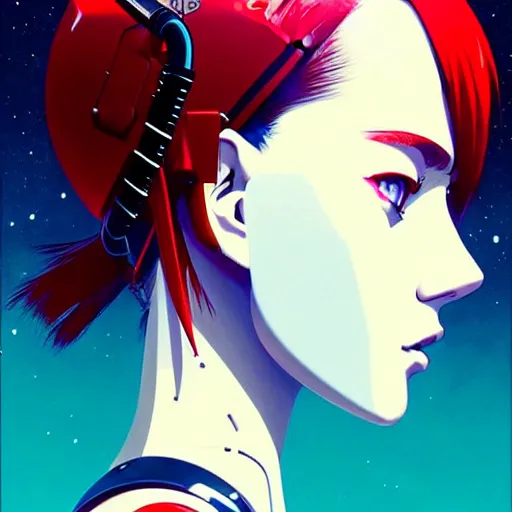 Image similar to side portrait scifi cyborg girl with robotic parts and spacesuit | | head only in center of image, audrey plaza, fine detail!! anime!! realistic shaded lighting!! poster by ilya kuvshinov katsuhiro otomo ghost - in - the - shell, magali villeneuve, artgerm, jeremy lipkin and michael garmash and rob rey