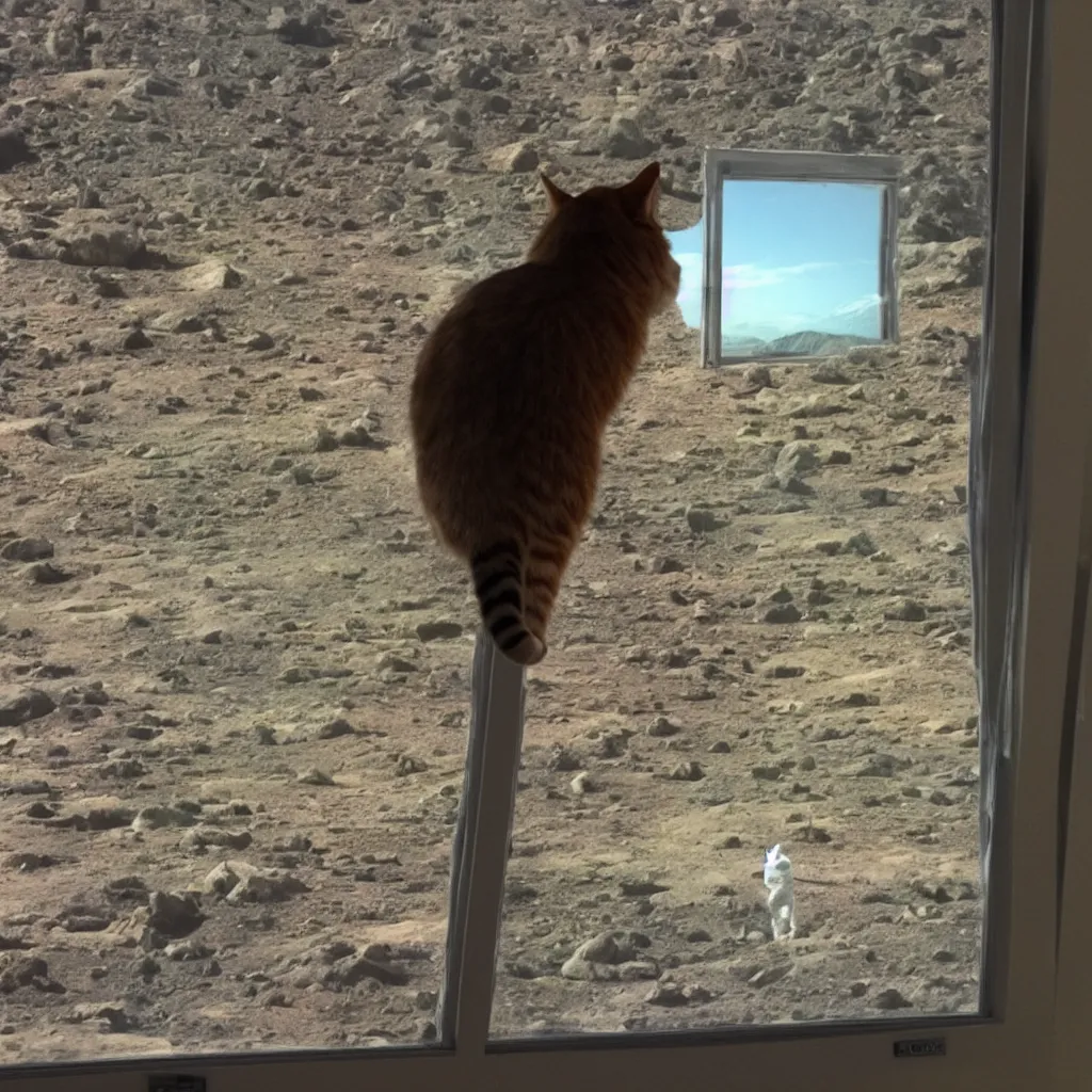 Image similar to photo of a cat watching a martian landscape from inside a futuristic window