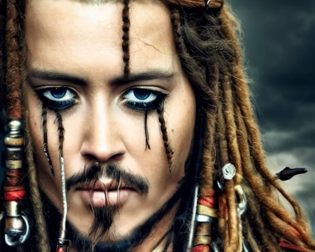 Prompt: a beautiful blend of amber heard and captain jack sparrow, hyper realistic face, beautiful eyes, cinematic, long shot, hyper detailed, 8 5 mm photograph, 8 k resolution, film still, sharp lens, wide lens