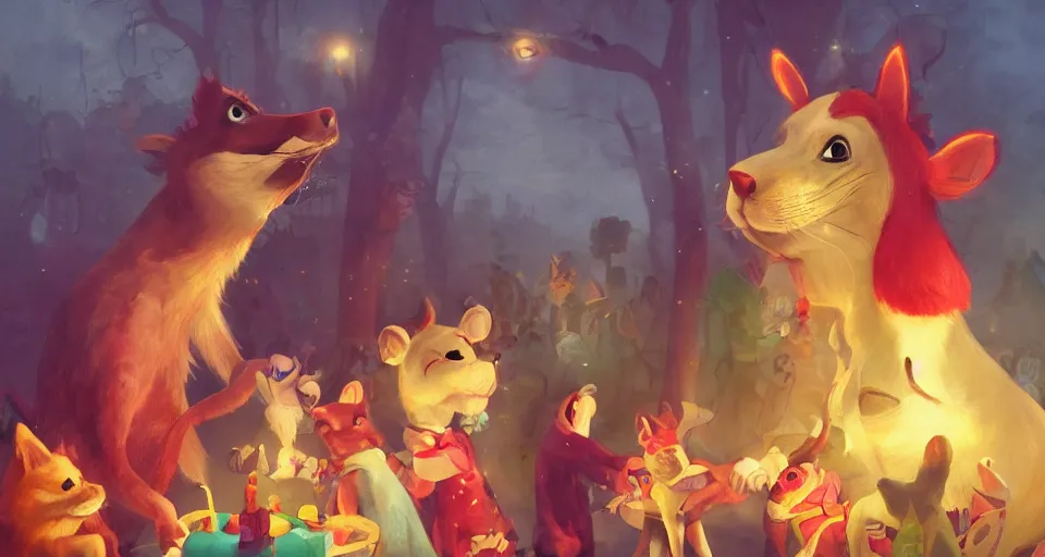 Prompt: animals in clothes at a carnival, beautiful, soft lighting, artstation, storybook, early evening