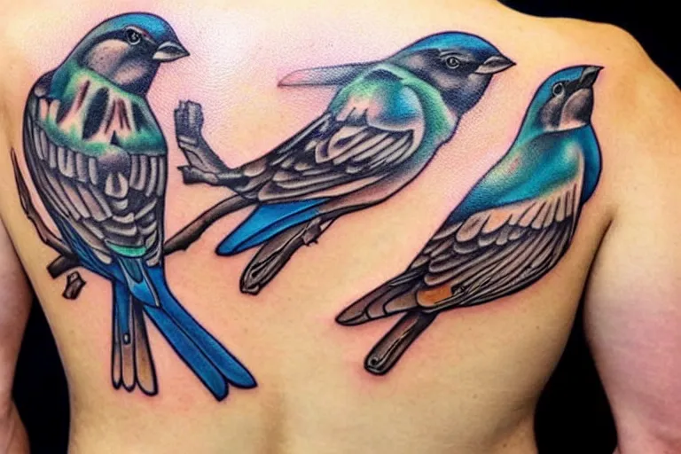 Image similar to three sparrows tattooed on man back, grunge, trash polkadot, fast moving, high detailed, high contrast, cold colors, best work, first in show
