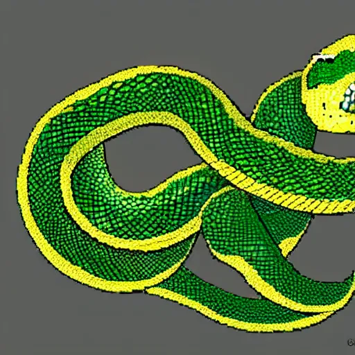 Prompt: A green snake with sharp scales and golden eyes eating it's own tail, pixel art, crt