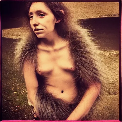 Prompt: “ pretty hairy fur very primitive Neanderthal woman posing as a model”