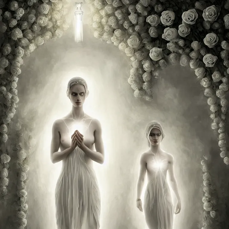 Image similar to professional digital art of wonderful symmetrical goddess with a majestic semi transparent white roses cotton dress, atmospheric light, dramatic lighting, cinematic, painted, intricate, detailed, foreboding, by art by meredit frampton and gregory crewdson, epic, stunning, gorgeous, much wow, cinematic, masterpiece.