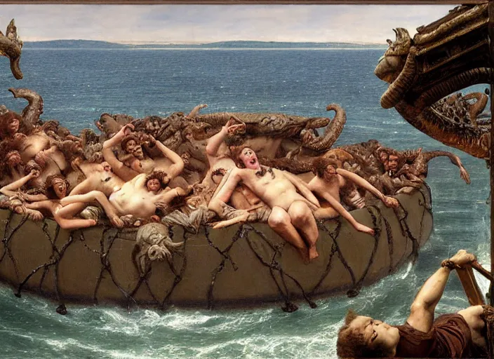 Image similar to godzilla attacking the raft of the medusa, painting by lawrance alma - tadema, 4 k, hyper - realistic, highly detailed