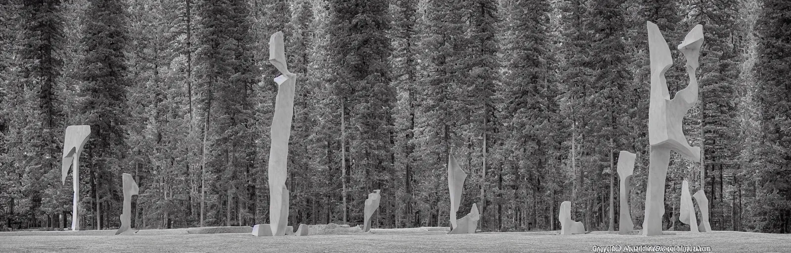 Image similar to to fathom hell or soar angelic, just take a pinch of psychedelic, medium format photograph of two colossal minimalistic necktie sculpture installations by antony gormley and anthony caro in yosemite national park, made from iron, marble, and limestone, granite peaks visible in the background, taken in the night