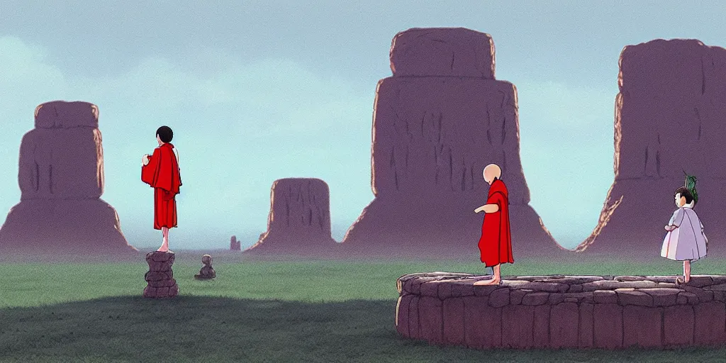 Prompt: a realistic cell - shaded studio ghibli concept art from paprika ( 2 0 0 6 ) of a giant monk meditating and a small witch dancing from close encounters of the third kind ( 1 9 7 7 ) in a flooded monument valley stonehenge. very dull colors, wide shot, hd, 4 k, hq