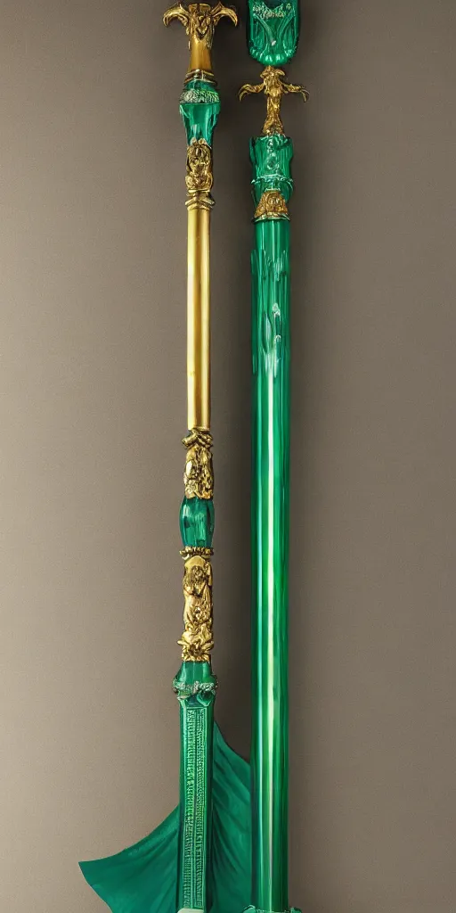 Image similar to photograph of a large green and teal crystal sword with a gold sword hilt