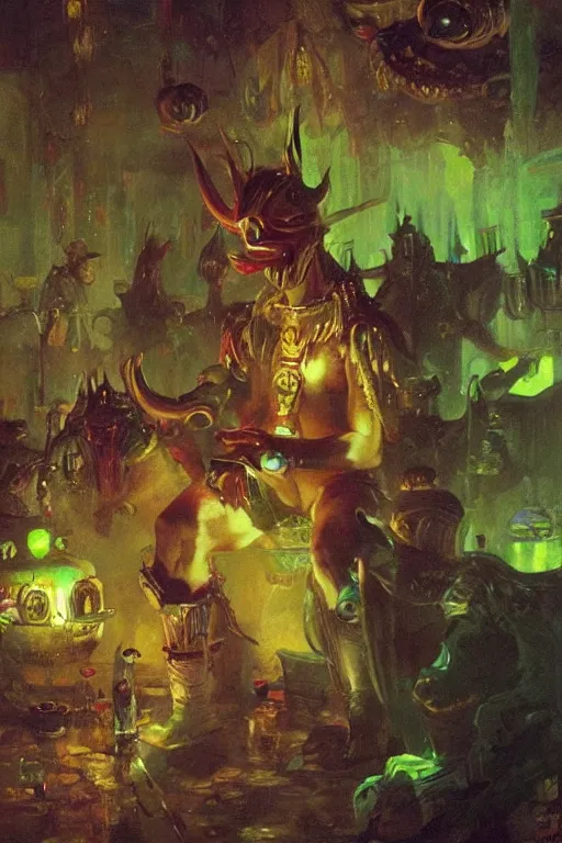 Image similar to a space viking drinking green neon liquid in an alien tavern. art by ilya repin.