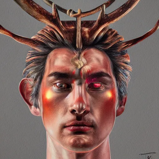 Prompt: Dramatic portraiture of Uuen, the Pictish god of stags, mixed media, trending on ArtStation, by Louis Lozowick and ArtGerm and Lucian Freud, luminism