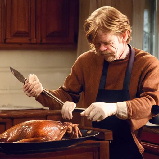 Prompt: William H Macy carving a turkey with a knife during Christmas