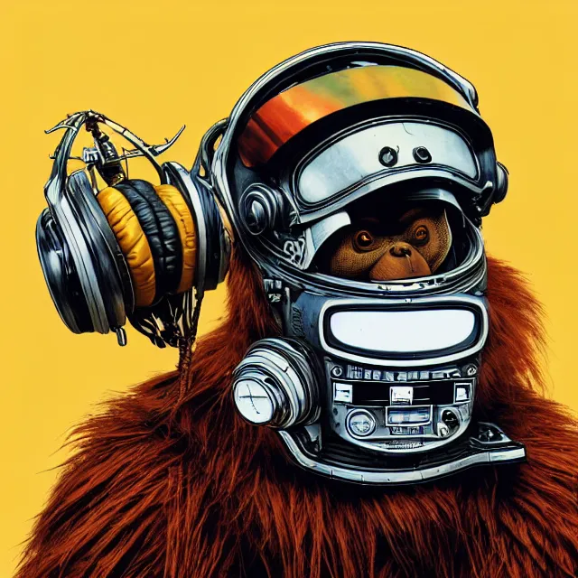 Image similar to a portrait of an anthropomorphic cyberpunk orangutan in a motorcycle helmet by sandra chevrier, detailed render, tape deck, boombox, headphones, epic composition, cybernetics, 4 k realistic, cryengine, realistic shaded lighting, sharp focus, masterpiece, by matteo scalera, gary montalbano, peter elson in the style of the tokyo ghost comic