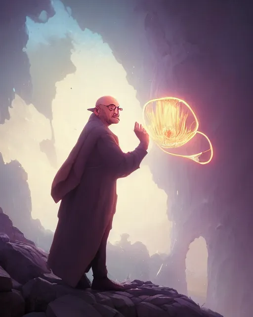 Image similar to highly detailed vfx portrait of an old and tired beppe hrillo casting a light spell, unreal engine, greg rutkowski, loish, rhads, beeple, makoto shinkai and lois van baarle, ilya kuvshinov, rossdraws, tom bagshaw, alphonse mucha, global illumination, detailed and intricate environment