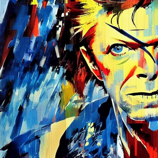 Image similar to David Bowie by Ashley Wood, Yoji Shinkawa, Jamie Hewlett, 60's French movie poster, French Impressionism, vivid colors, palette knife and brush strokes, Dutch tilt